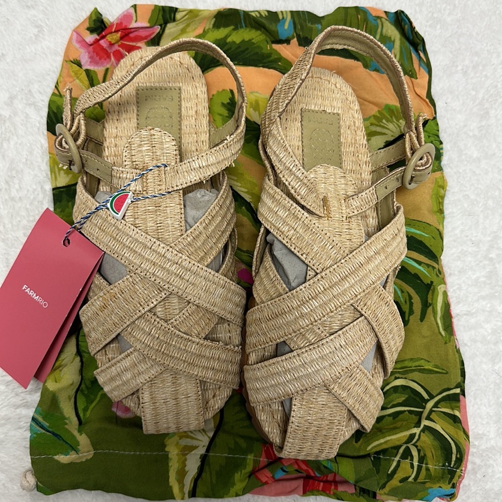 Farm Rio Raffia Vegan hemp Sandals. Festival-ready. Size EU 39/US 8. NEW in box
